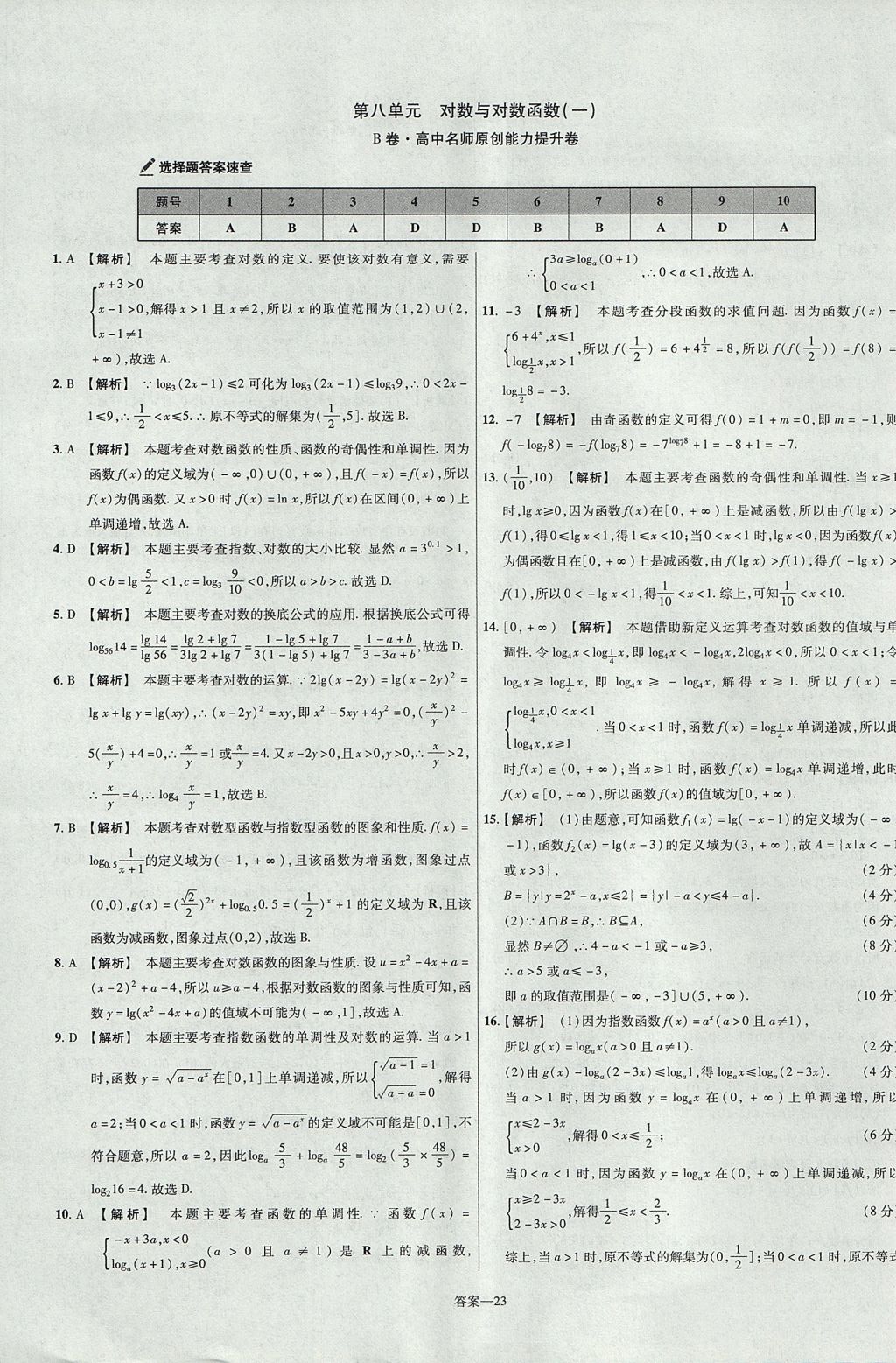 2018年金考卷活頁題選名師名題單元雙測卷高中數(shù)學(xué)必修1人教B版 參考答案第23頁