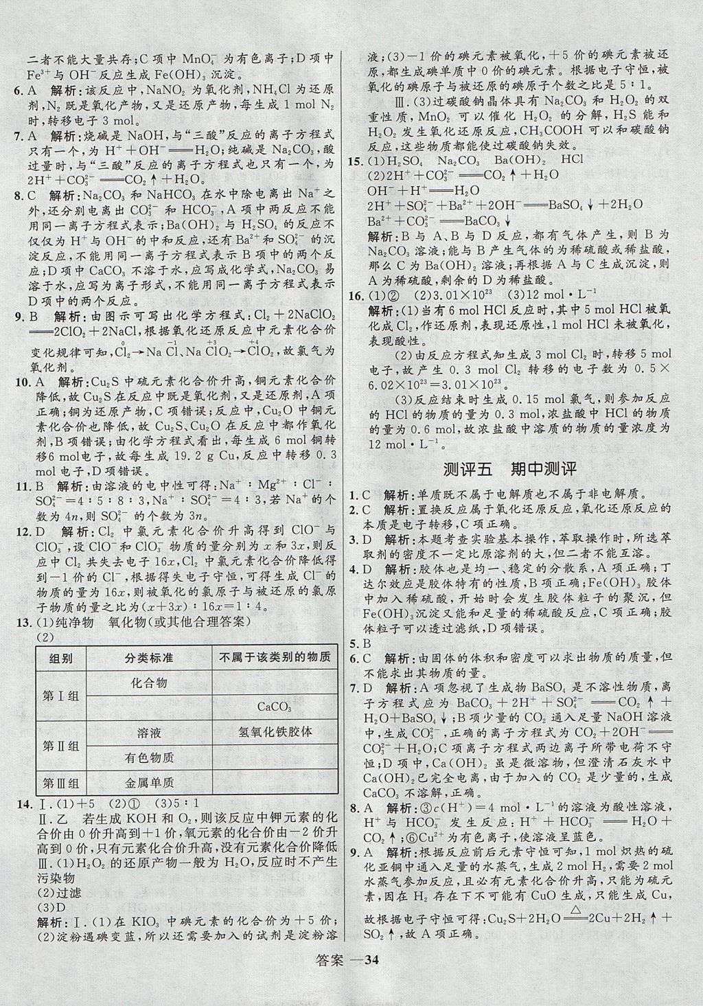 2018年高中同步測(cè)控優(yōu)化訓(xùn)練化學(xué)必修1人教版 參考答案第34頁(yè)