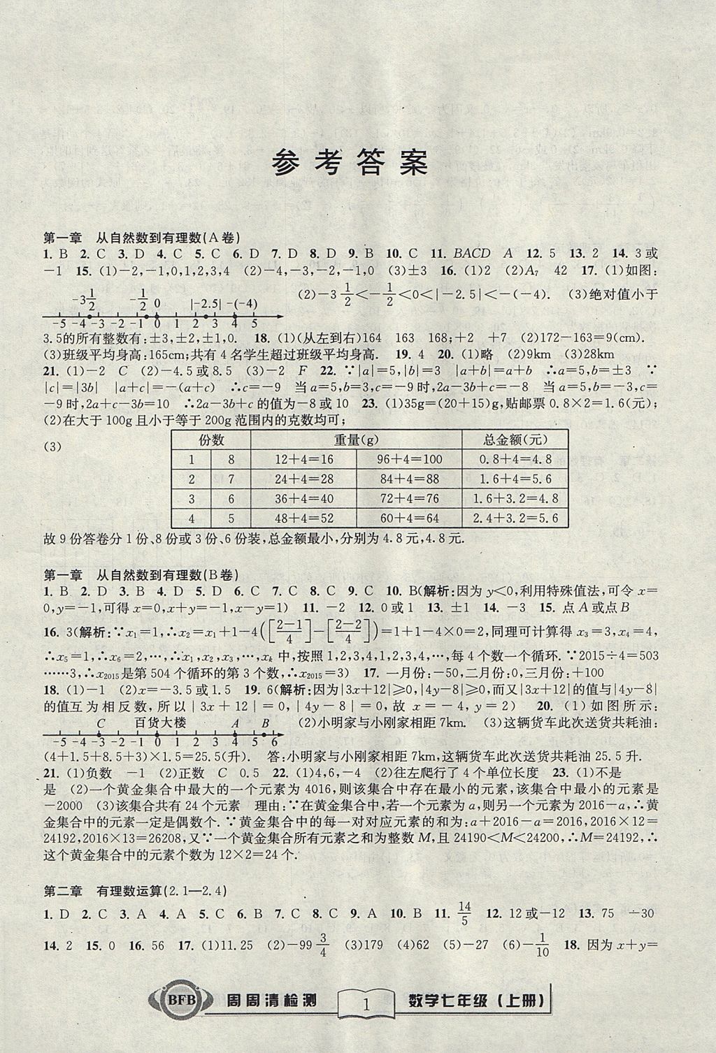 2017年周周清檢測(cè)七年級(jí)數(shù)學(xué)上冊(cè)浙教版 參考答案第1頁