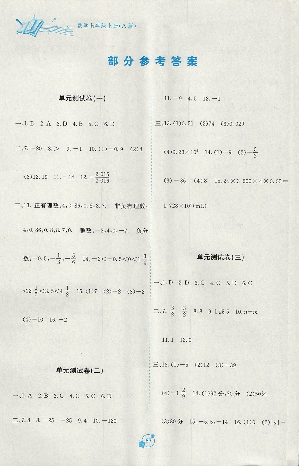 2017年自主学习能力测评单元测试七年级数学上册A版 参考答案第1页