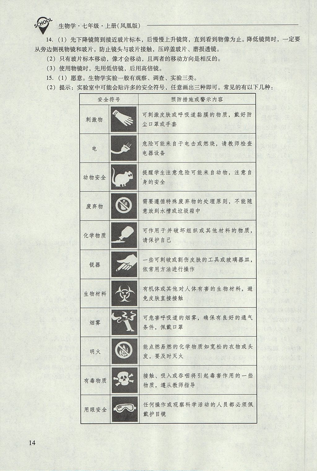 2017年新课程问题解决导学方案七年级生物学上册凤凰版 参考答案第14页