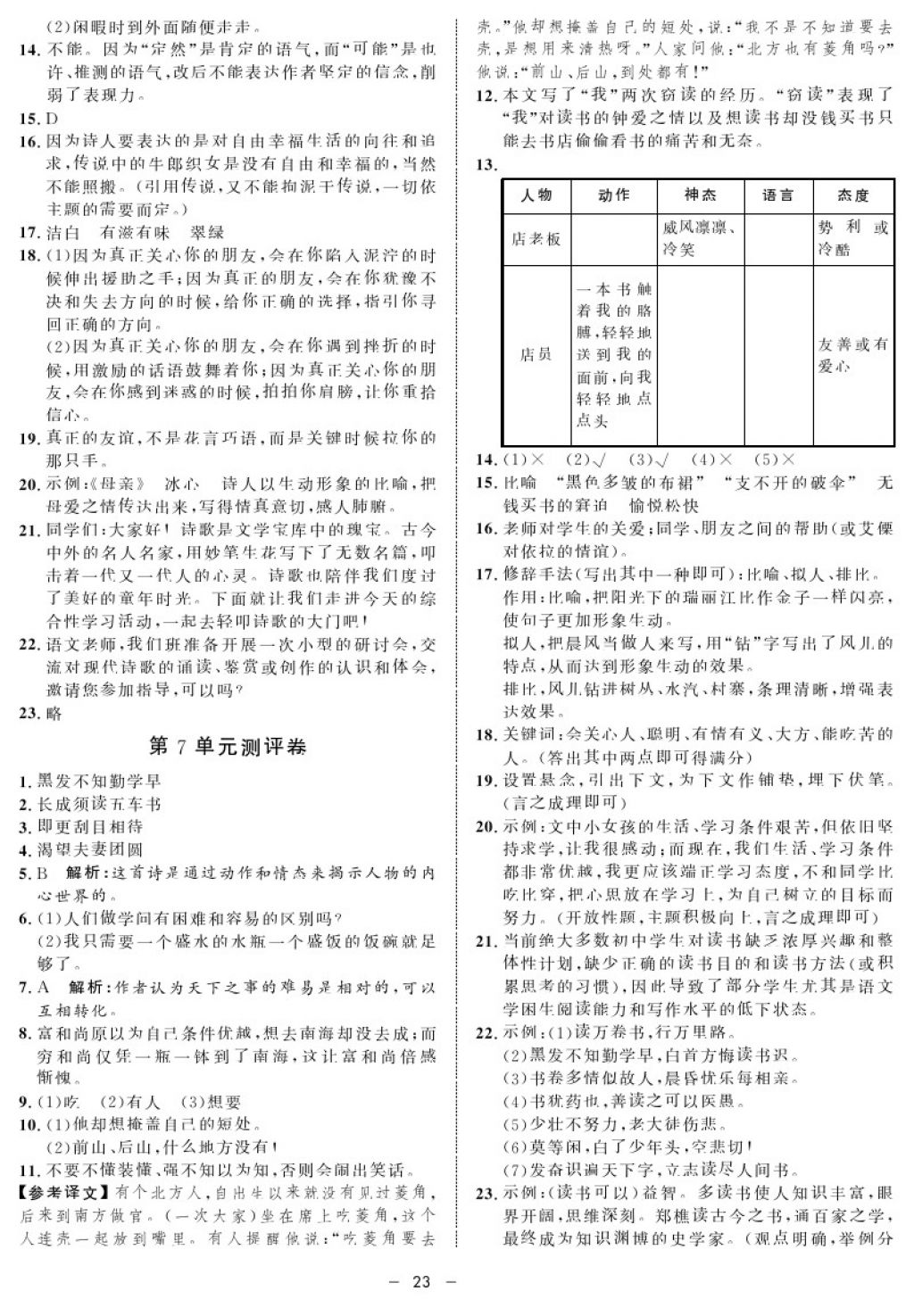 2017年钟书金牌金典导学案六年级语文第一学期 参考答案第23页