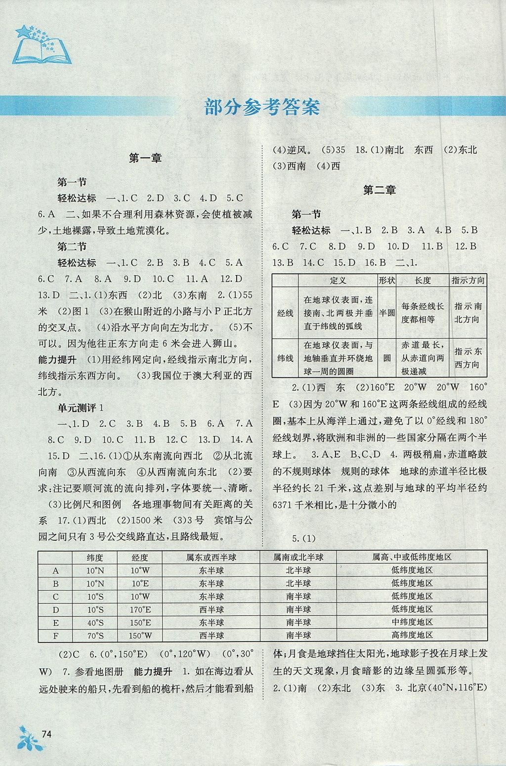 2017年自主學習能力測評七年級地理上冊湘教版 參考答案第1頁