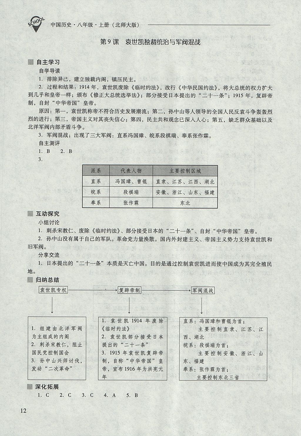 2017年新课程问题解决导学方案八年级中国历史上册北师大版 参考答案第12页