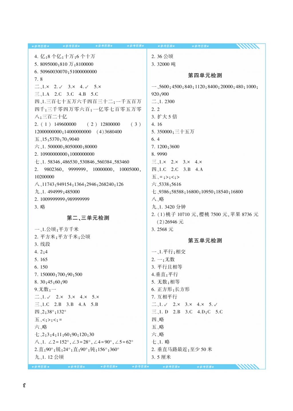 2017年課程基礎(chǔ)訓(xùn)練四年級(jí)數(shù)學(xué)上冊(cè)人教版湖南少年兒童出版社 參考答案第8頁