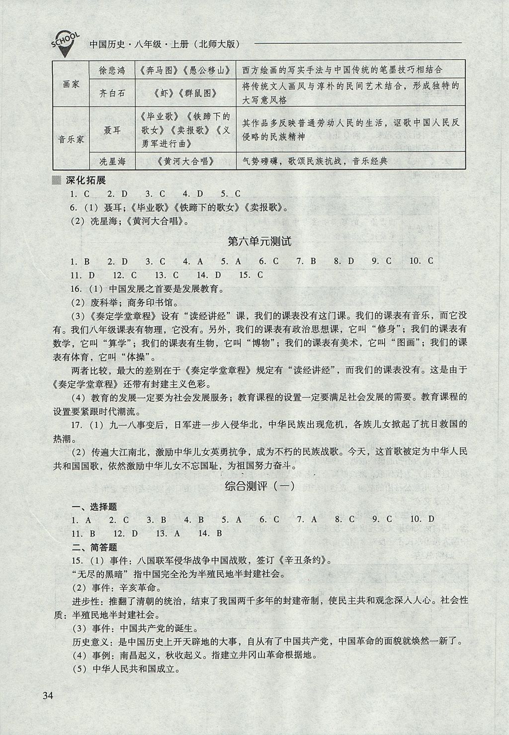 2017年新课程问题解决导学方案八年级中国历史上册北师大版 参考答案第34页