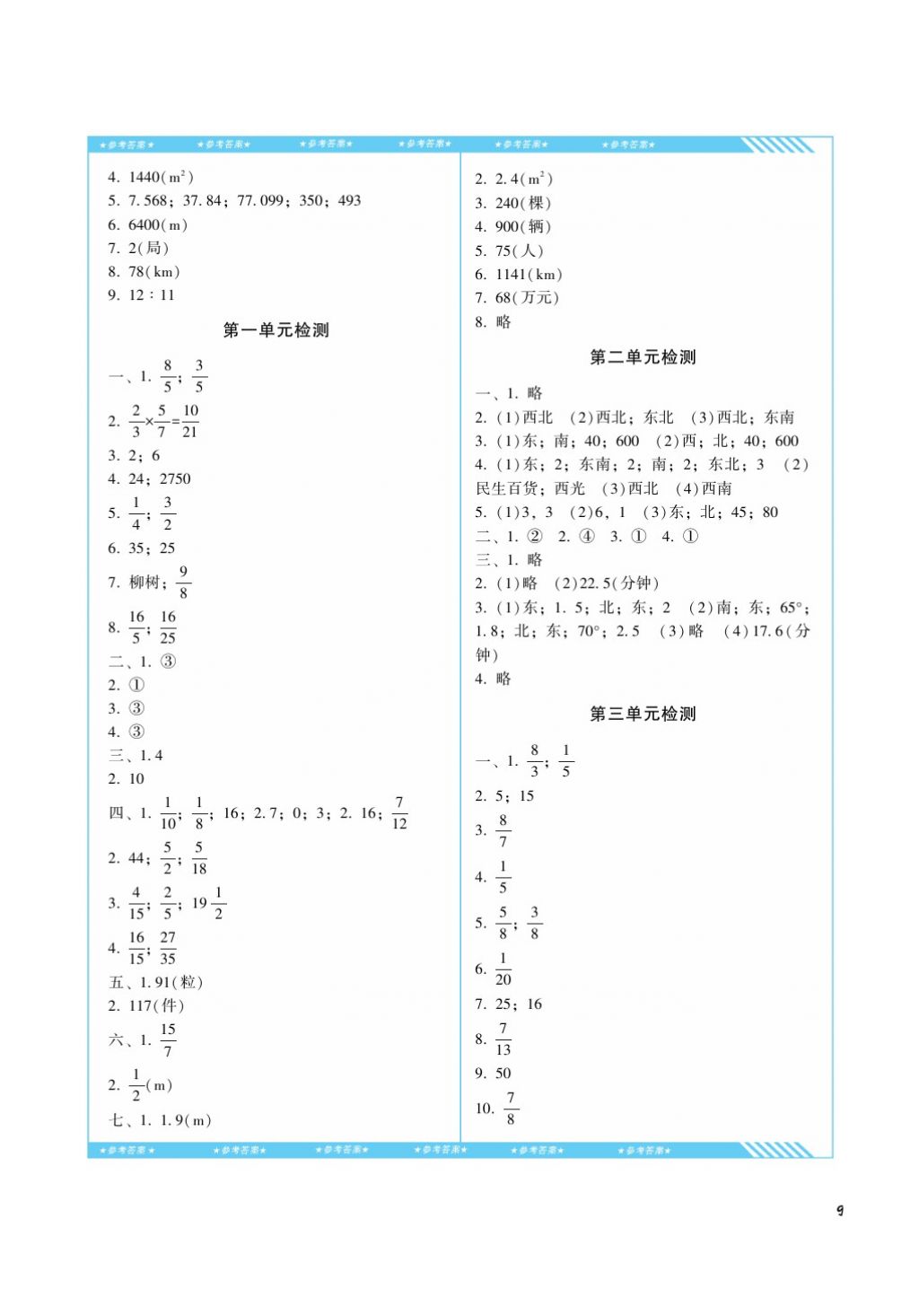 2017年课程基础训练六年级数学上册人教版湖南少年儿童出版社 参考答案第9页