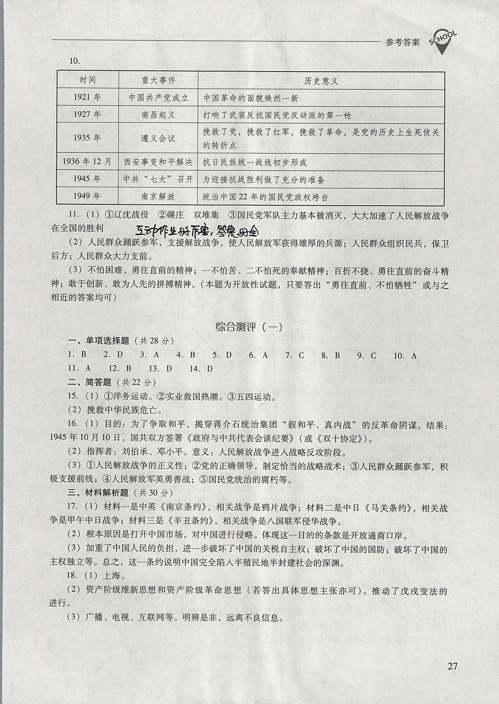 2017年新课程问题解决导学方案八年级中国历史上册华东师大版 参考答案第27页