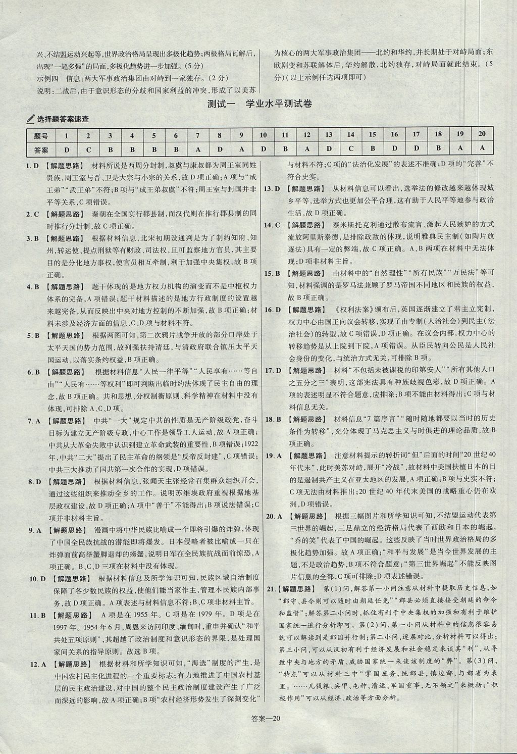 2018年金考卷活頁題選名師名題單元雙測卷高中歷史必修1人民版 參考答案第20頁