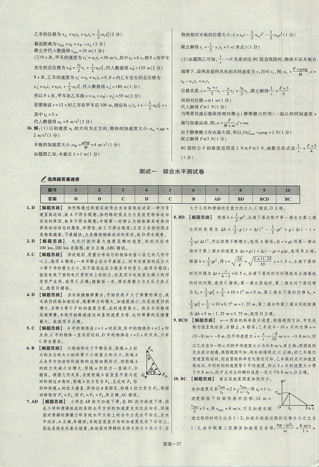 2018年金考卷活頁題選高中物理必修1粵教版 參考答案第27頁