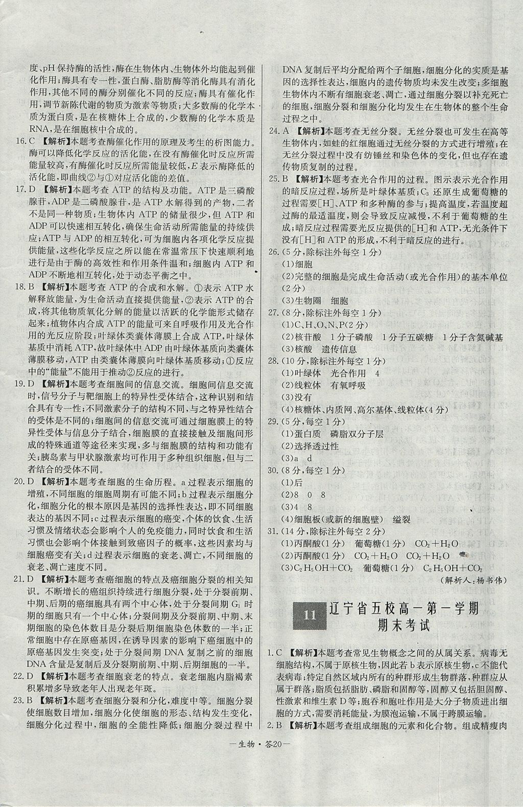 2018年天利38套高中名校期中期末聯(lián)考測試卷生物必修1人教版 參考答案第20頁