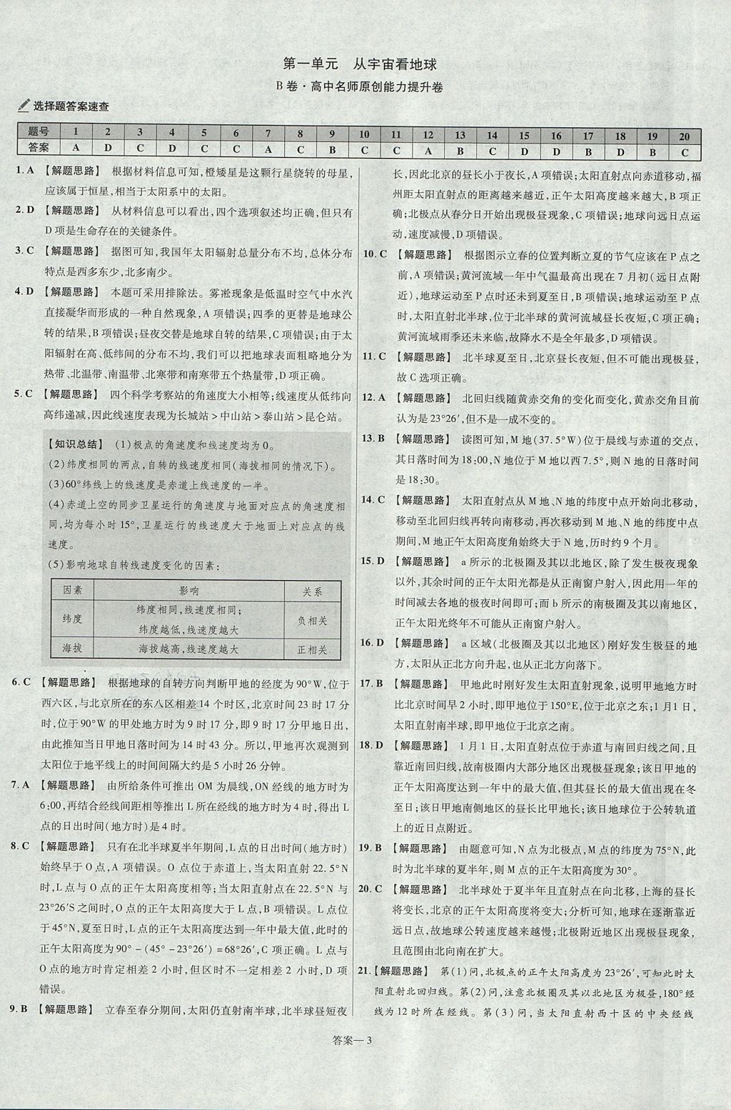 2018年金考卷活頁題選名師名題單元雙測卷高中地理必修1魯教版 參考答案第3頁