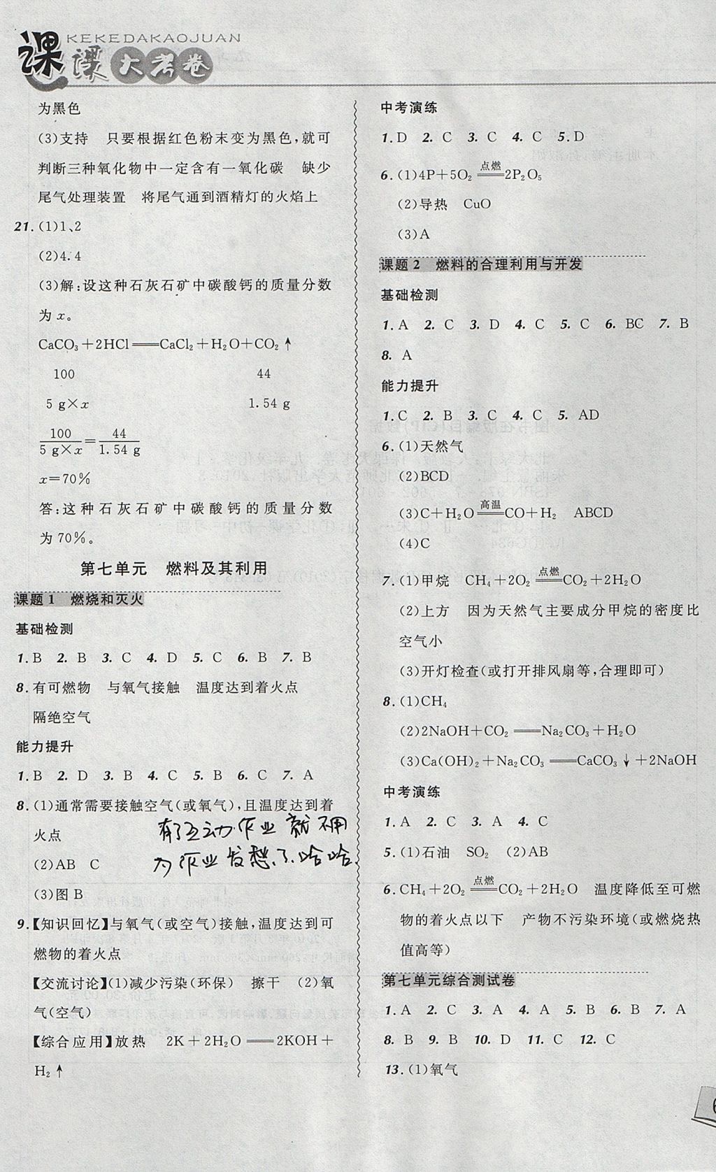 2017年北大绿卡课课大考卷九年级化学上册人教版 参考答案第13页