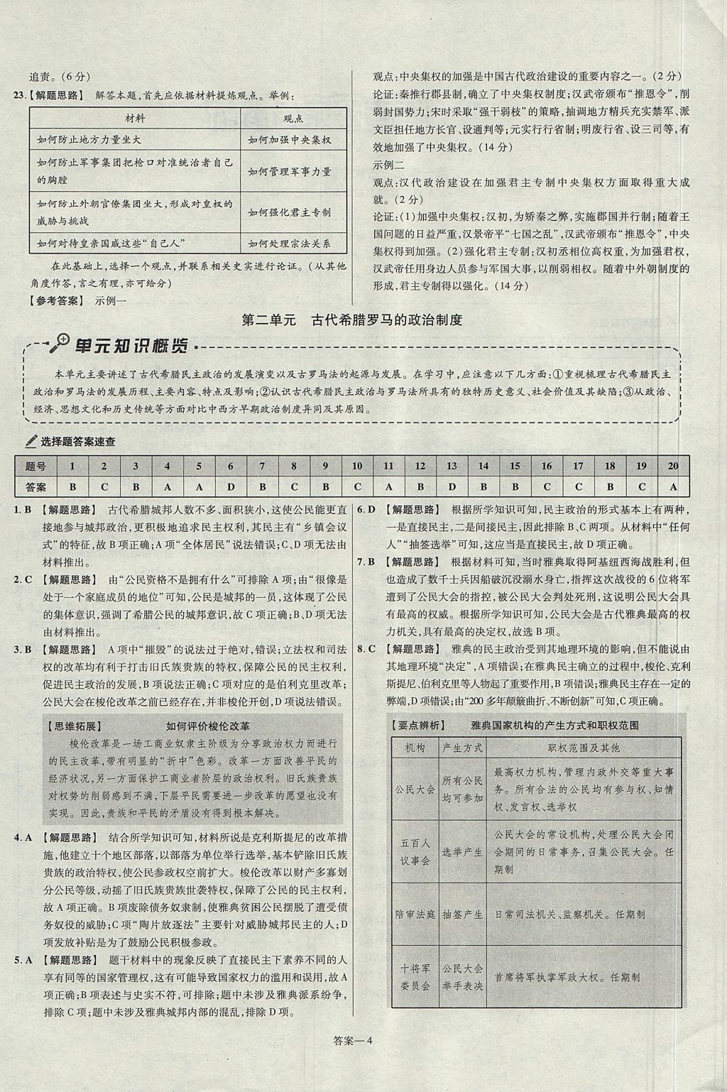 2018年金考卷活頁題選高中歷史必修1人教版 參考答案第4頁