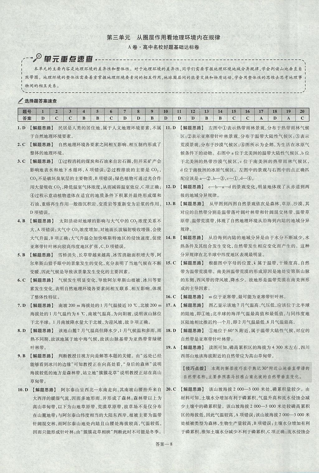 2018年金考卷活頁(yè)題選名師名題單元雙測(cè)卷高中地理必修1魯教版 參考答案第8頁(yè)