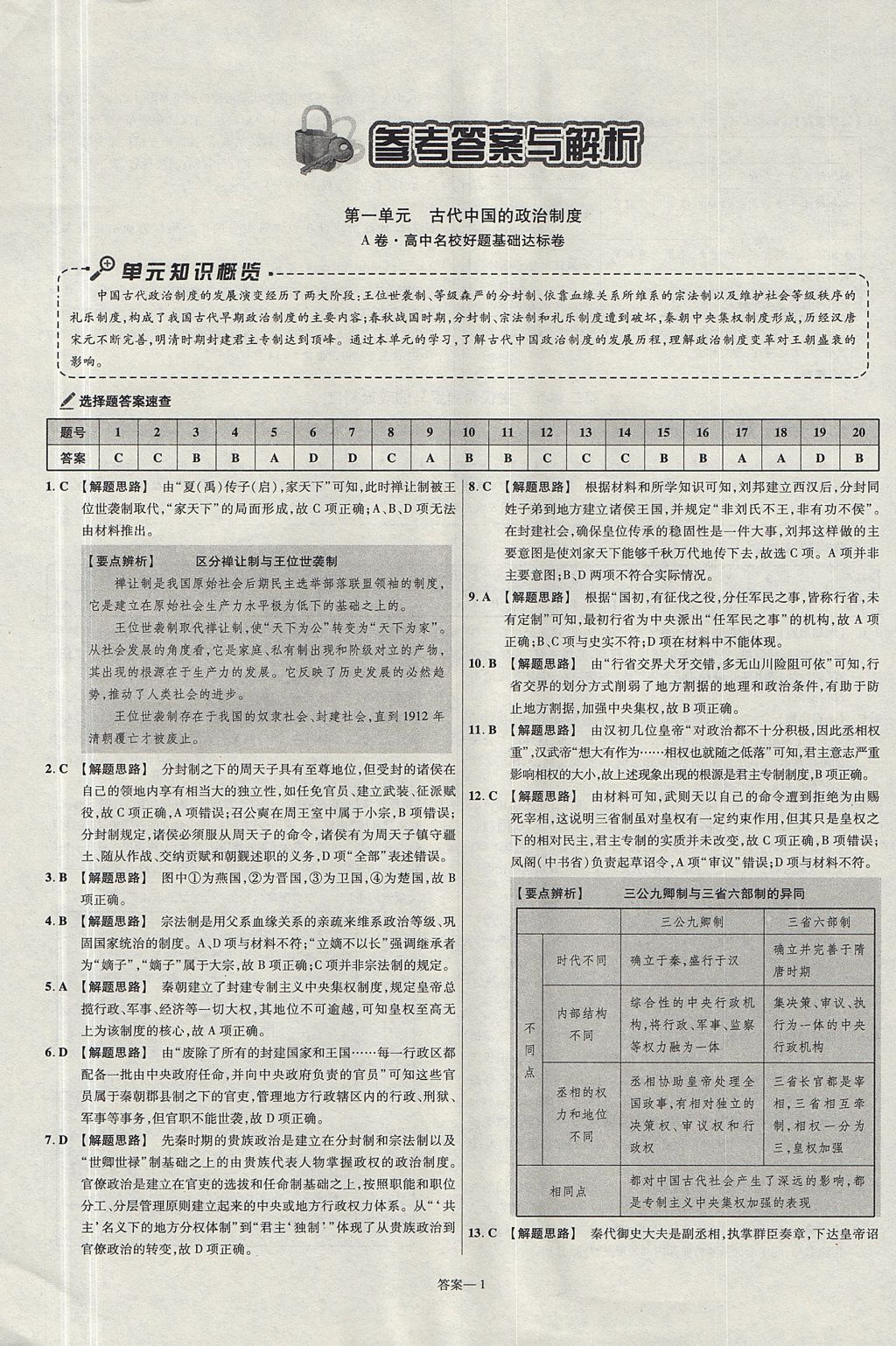 2018年金考卷活頁題選高中歷史必修1人教版 參考答案第1頁