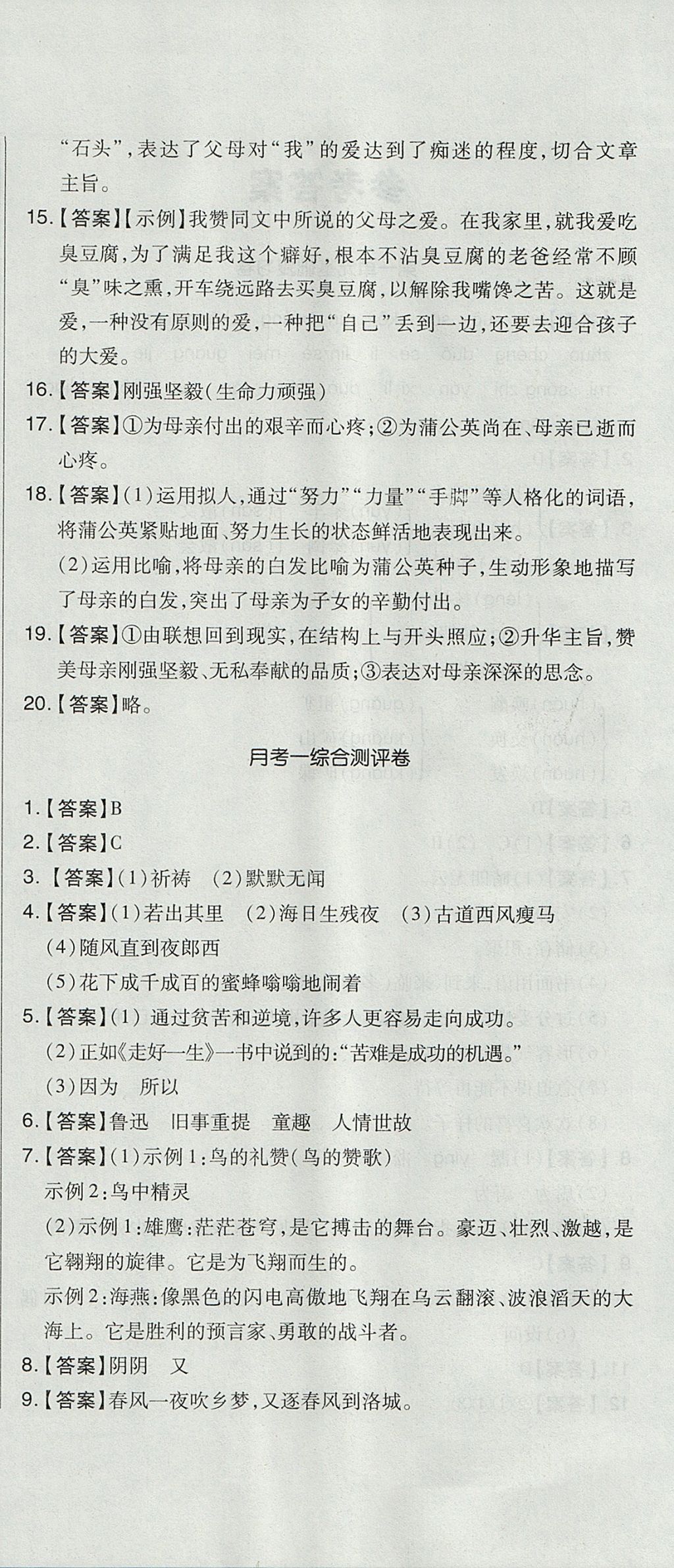 2017年開心一卷通全優(yōu)大考卷七年級語文上冊人教版 參考答案第6頁