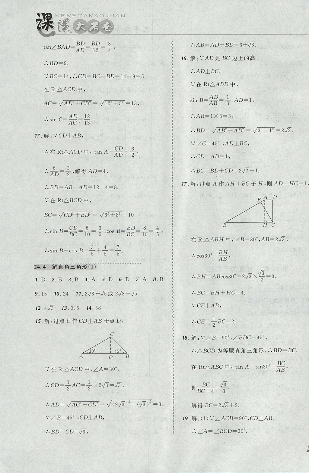 2017年北大綠卡課課大考卷九年級數(shù)學(xué)上冊華師大版 參考答案第15頁