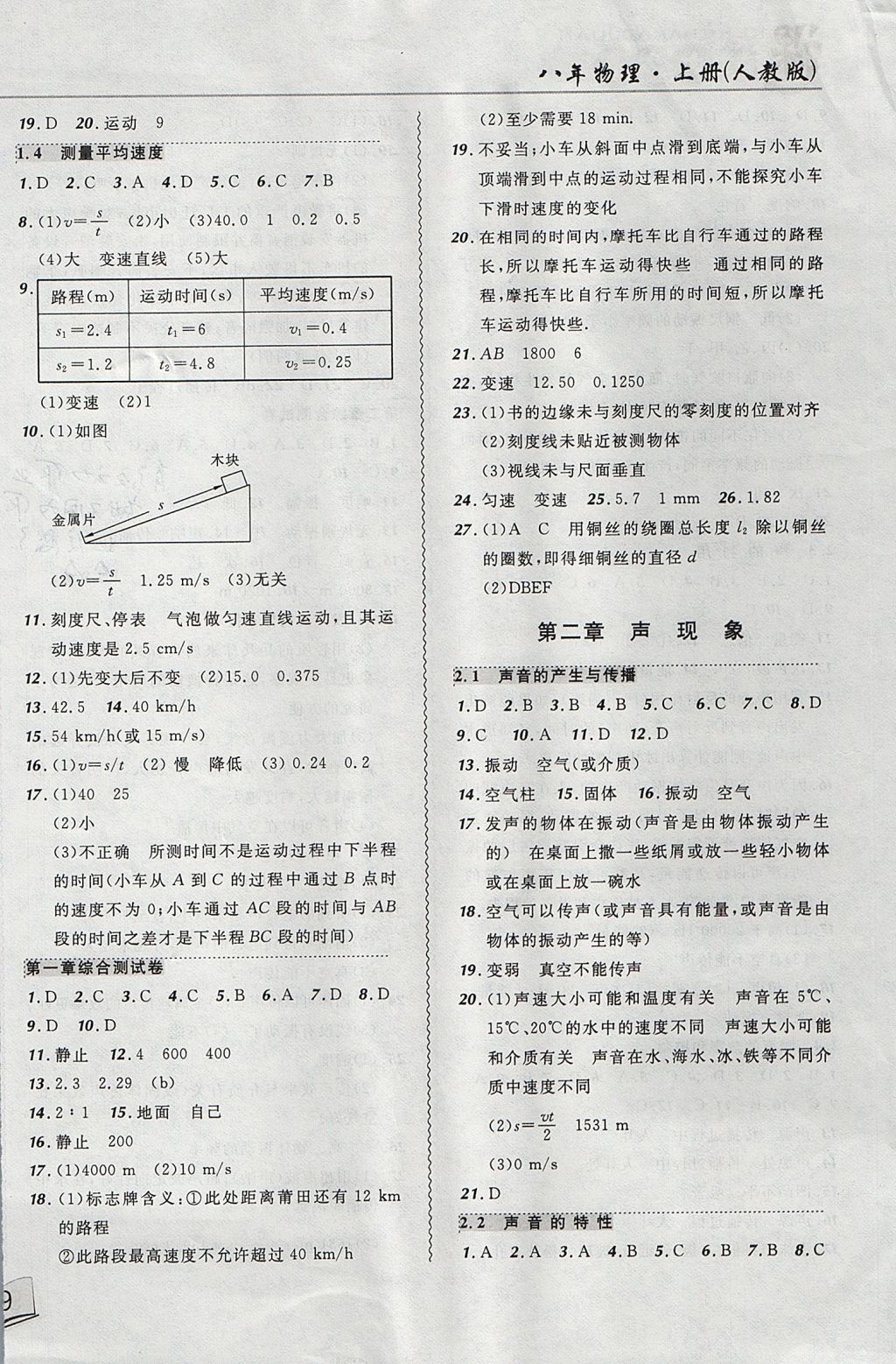 2017年北大绿卡课课大考卷八年级物理上册人教版 参考答案第2页