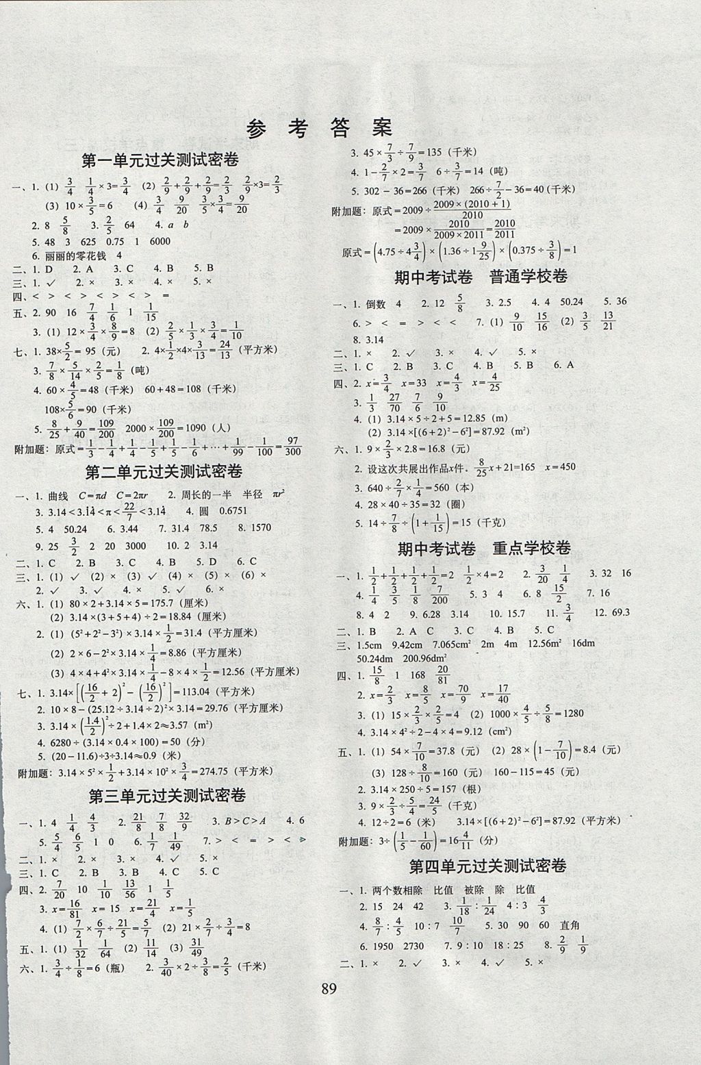 2017年期末沖刺100分完全試卷六年級(jí)數(shù)學(xué)上冊(cè)西師大版 參考答案第1頁(yè)