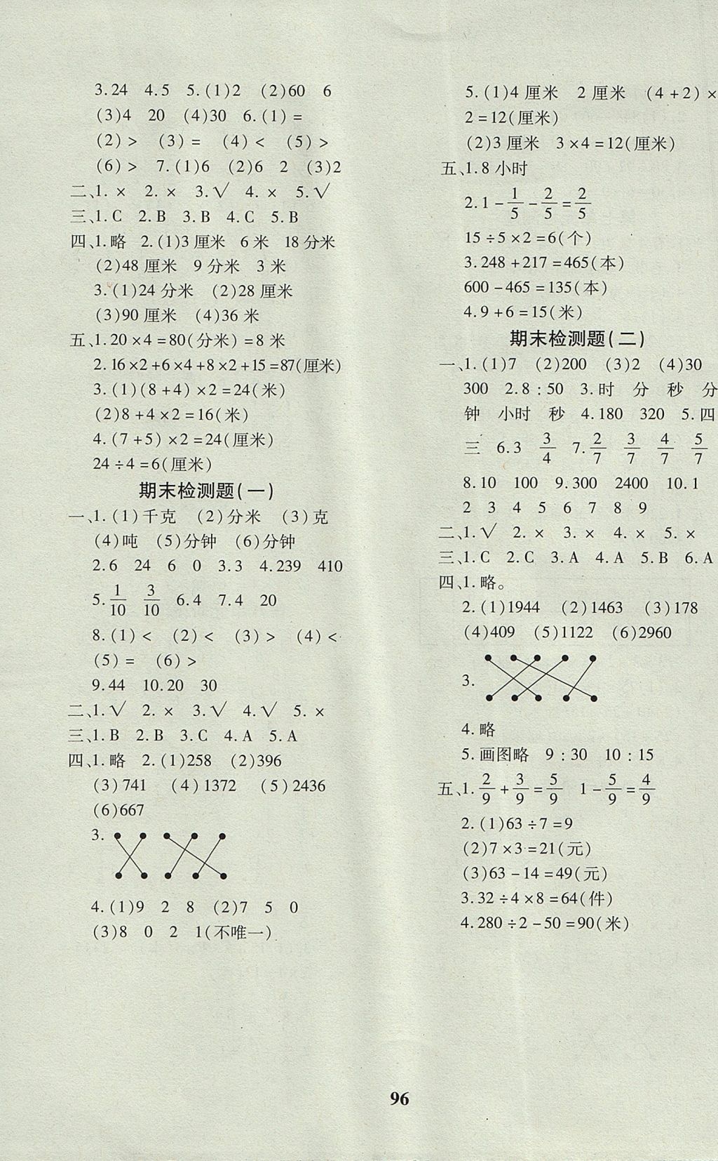 2017年教育世家状元卷三年级数学上册人教版 参考答案第8页