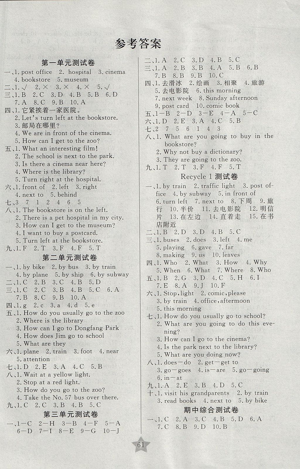 2017年名師金手指同步大試卷六年級英語上冊人教PEP版 參考答案第1頁