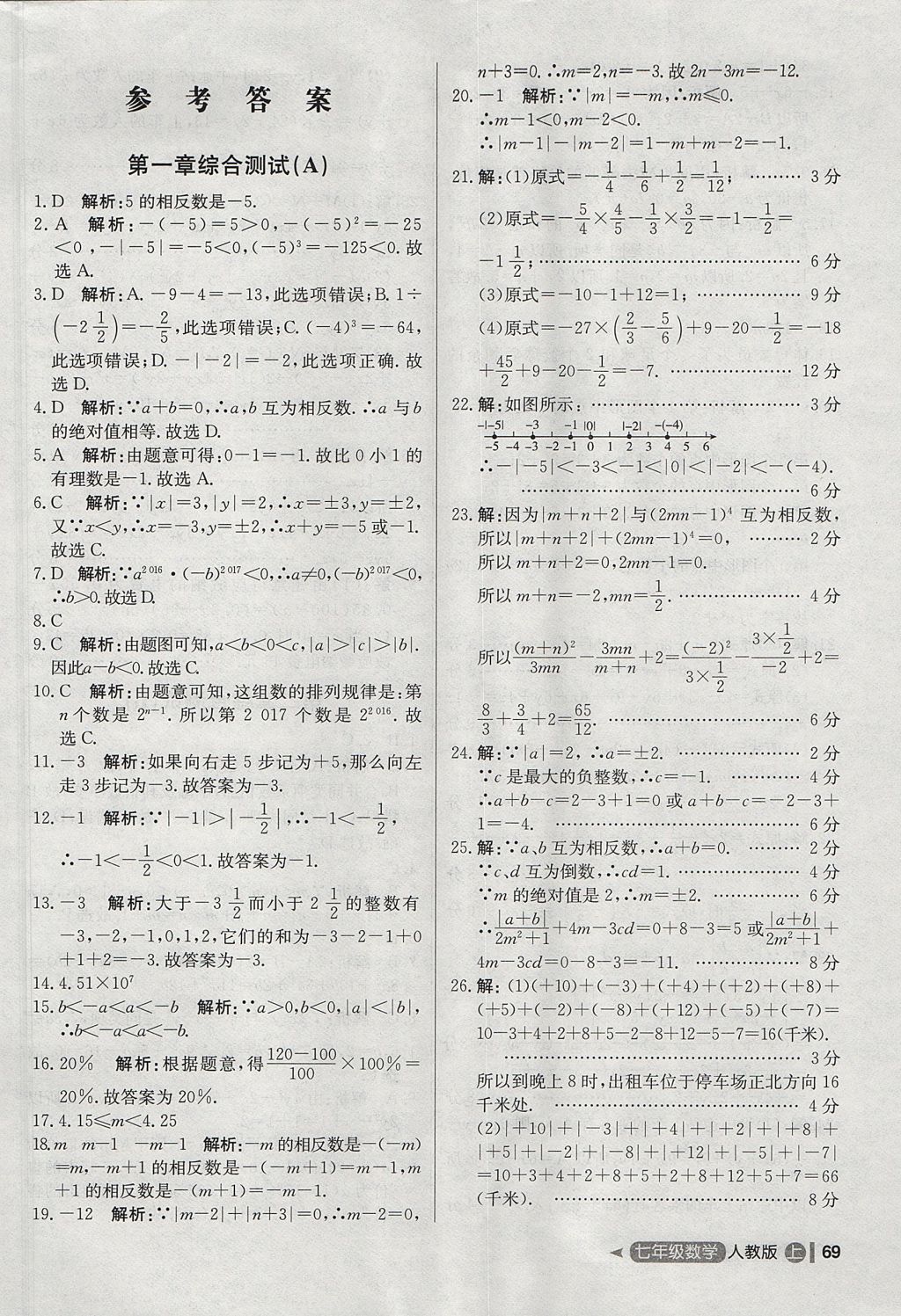 2017年尖子生單元測(cè)試七年級(jí)數(shù)學(xué)上冊(cè)人教版 參考答案第1頁(yè)