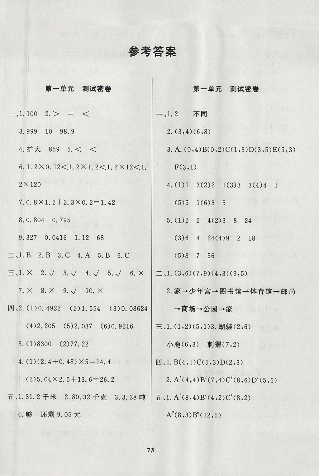 2017年冲刺100分达标测试卷五年级数学上册人教版 参考答案第1页