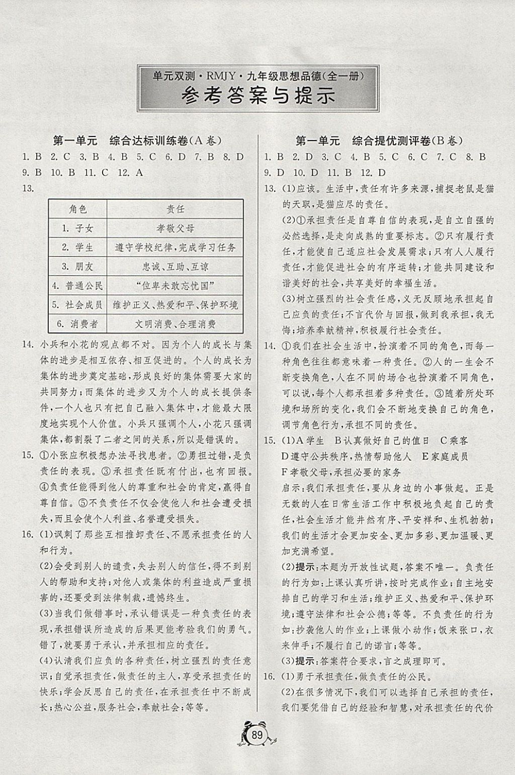 2017年單元雙測與專題歸類復習卷九年級思想品德全一冊人教版 參考答案第1頁