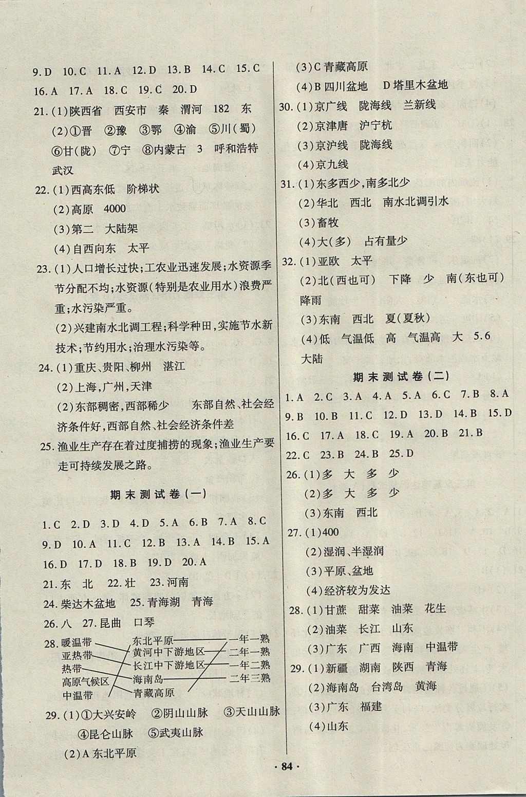 2017年优化夺标单元测试卷八年级地理上册地质版 参考答案第8页