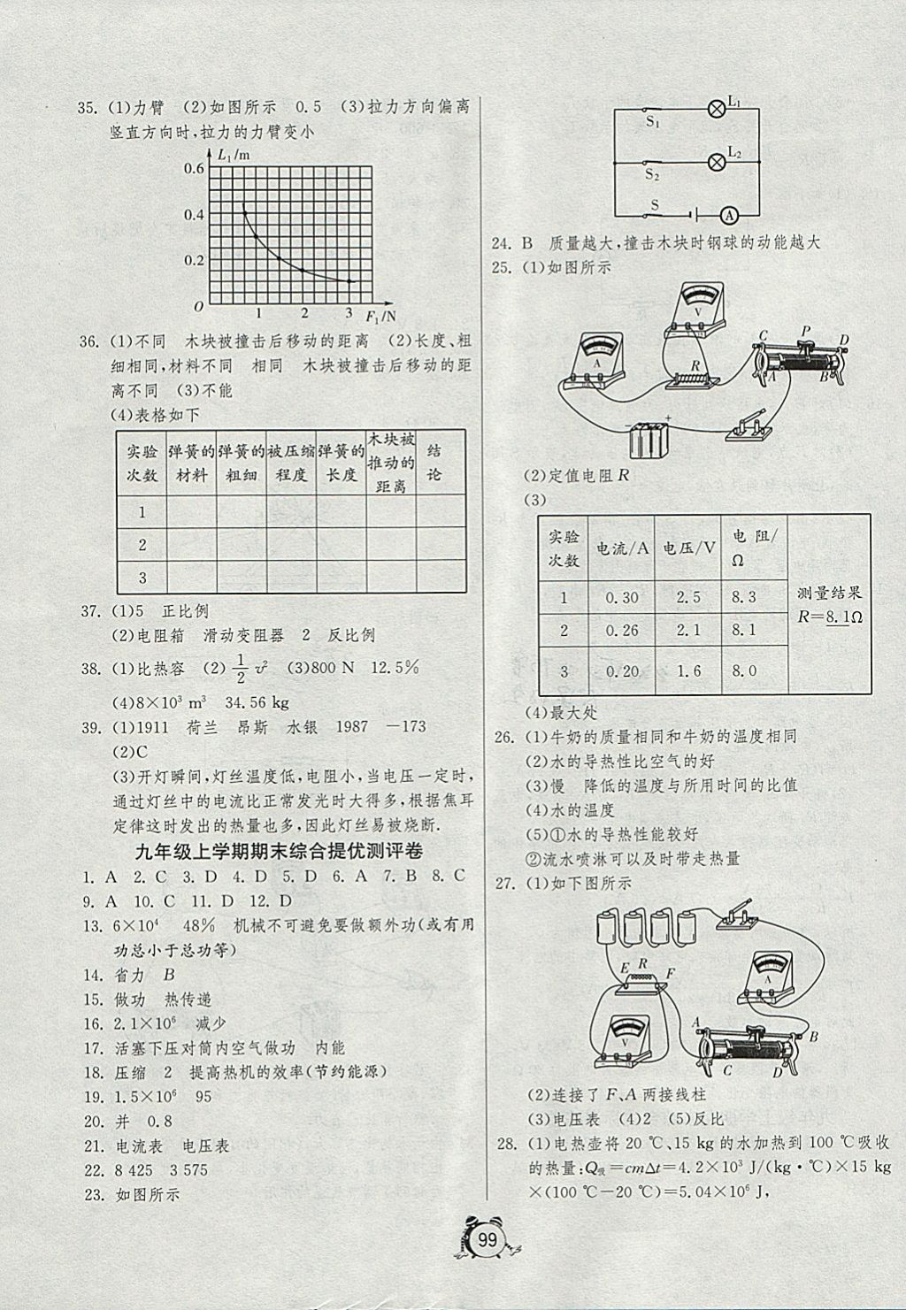 2017年单元双测全程提优测评卷九年级物理上册苏科版 参考答案第11页