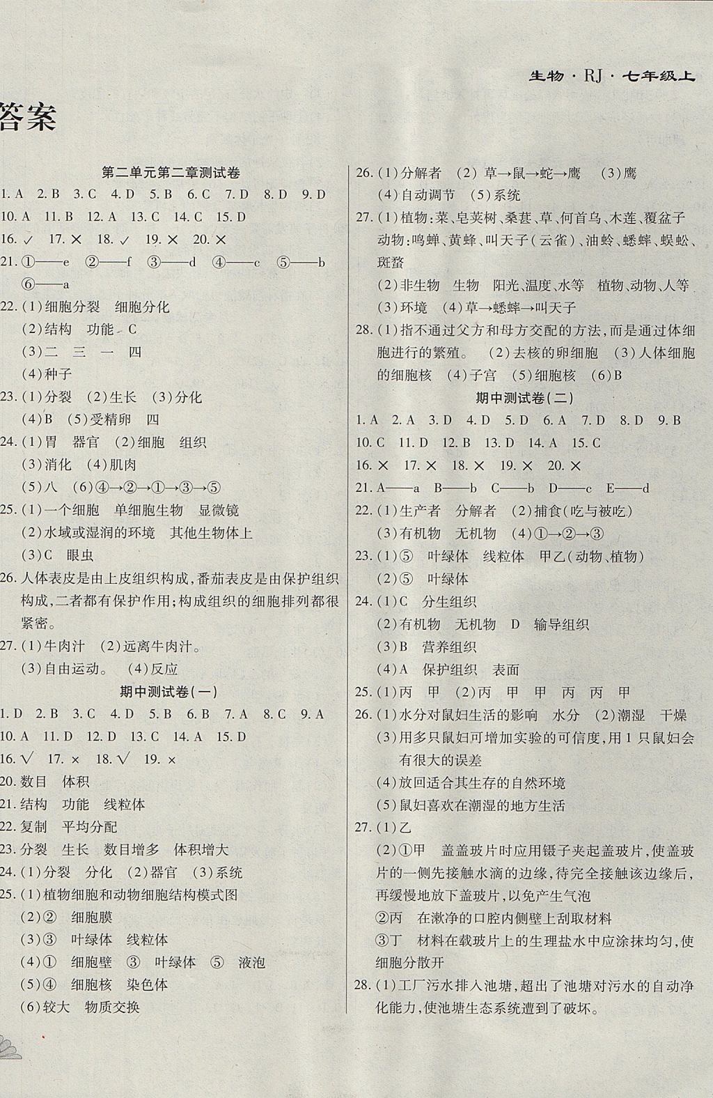 2017年千里馬單元測試卷七年級生物上冊人教版 參考答案第2頁