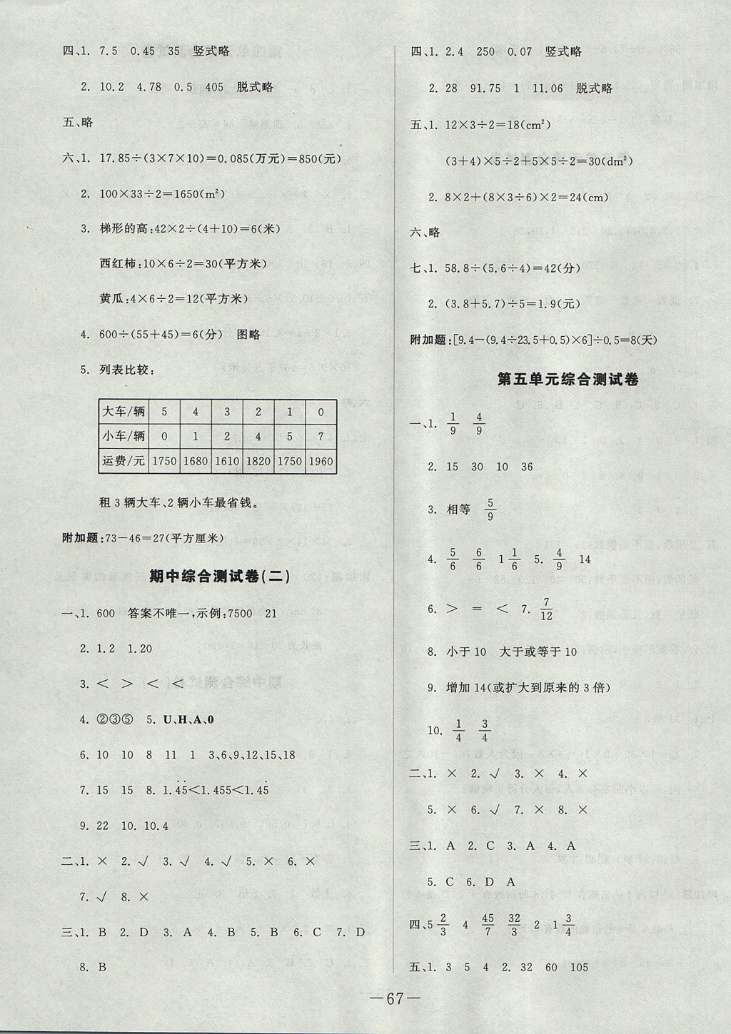 2017年尖子生單元測(cè)試五年級(jí)數(shù)學(xué)上冊(cè)北師大版 參考答案第3頁