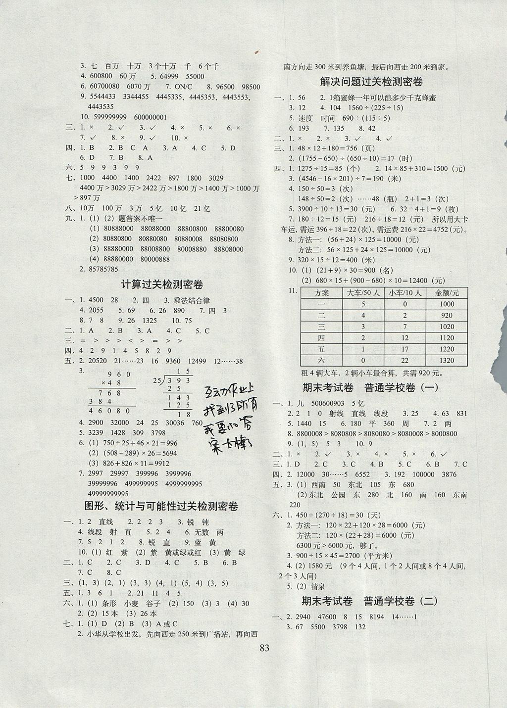 2017年期末沖刺100分完全試卷四年級數(shù)學上冊北京課改版 參考答案第3頁