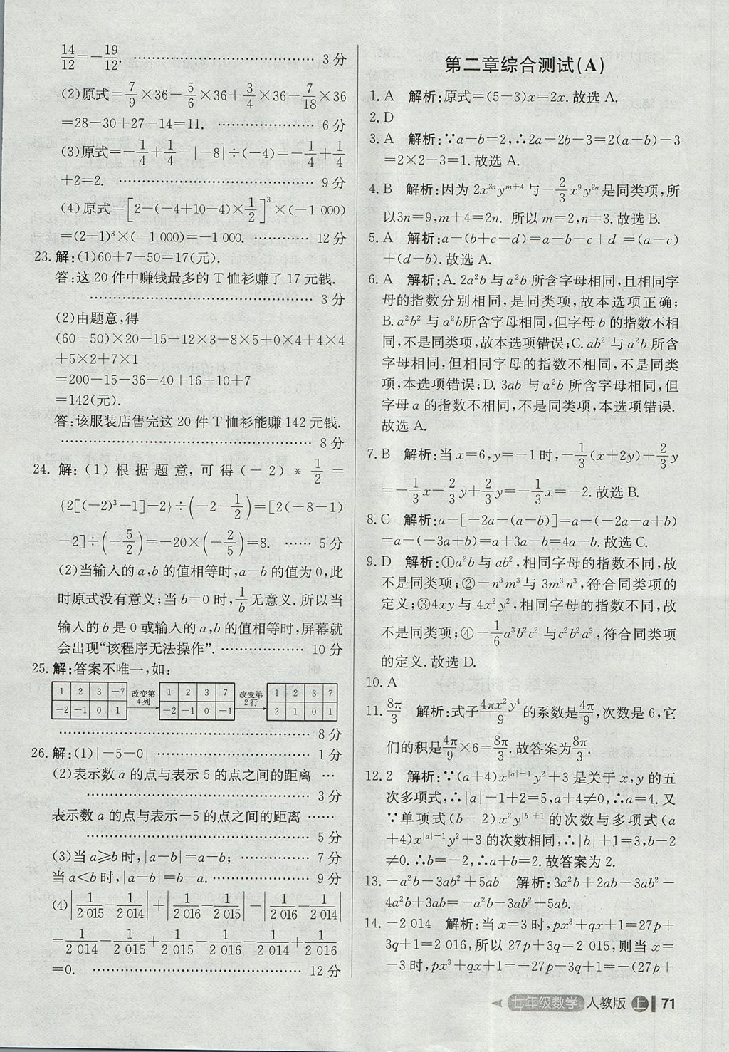 2017年尖子生单元测试七年级数学上册人教版 参考答案第3页