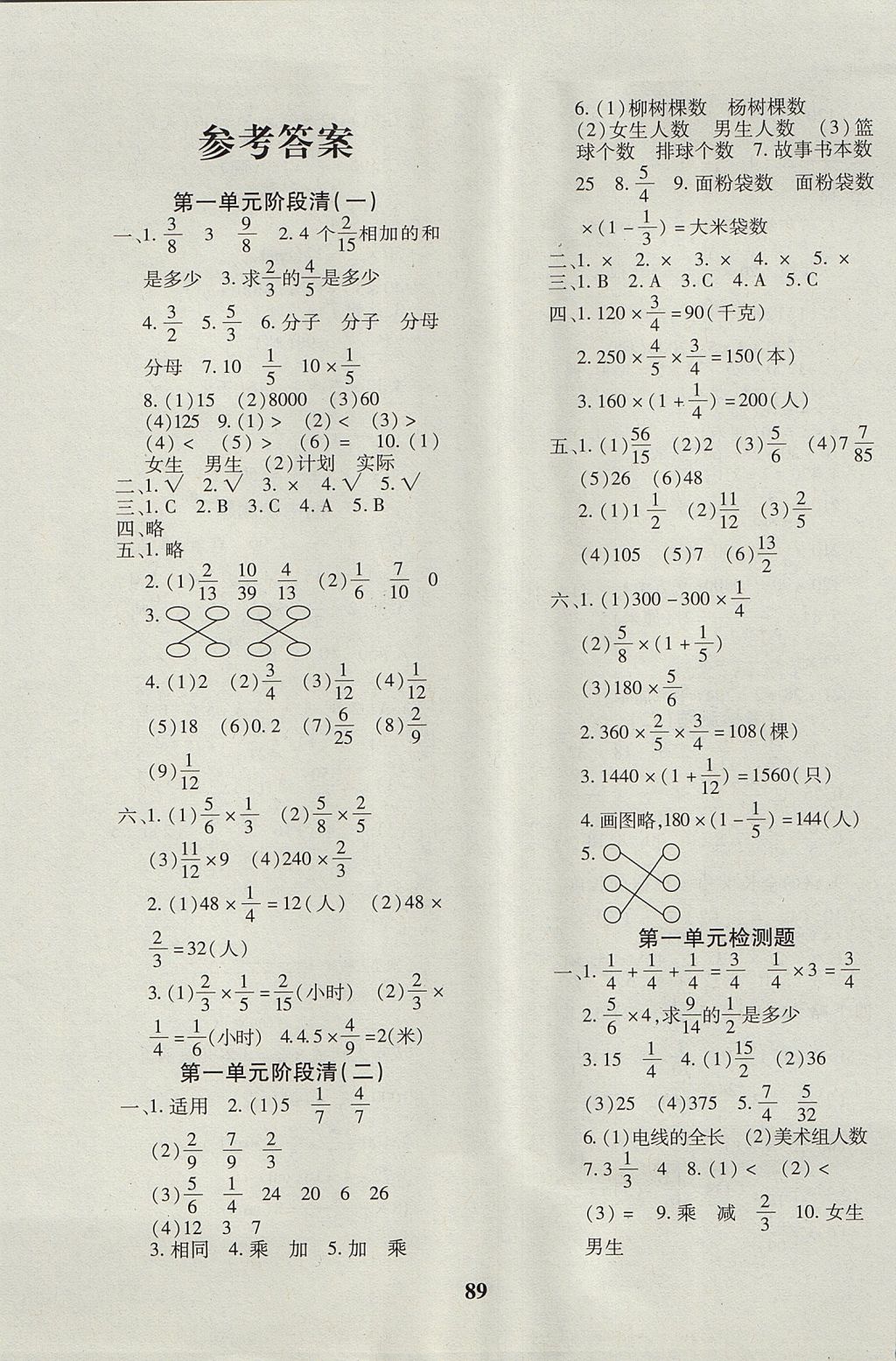 2017年教育世家状元卷六年级数学上册人教版 参考答案第1页