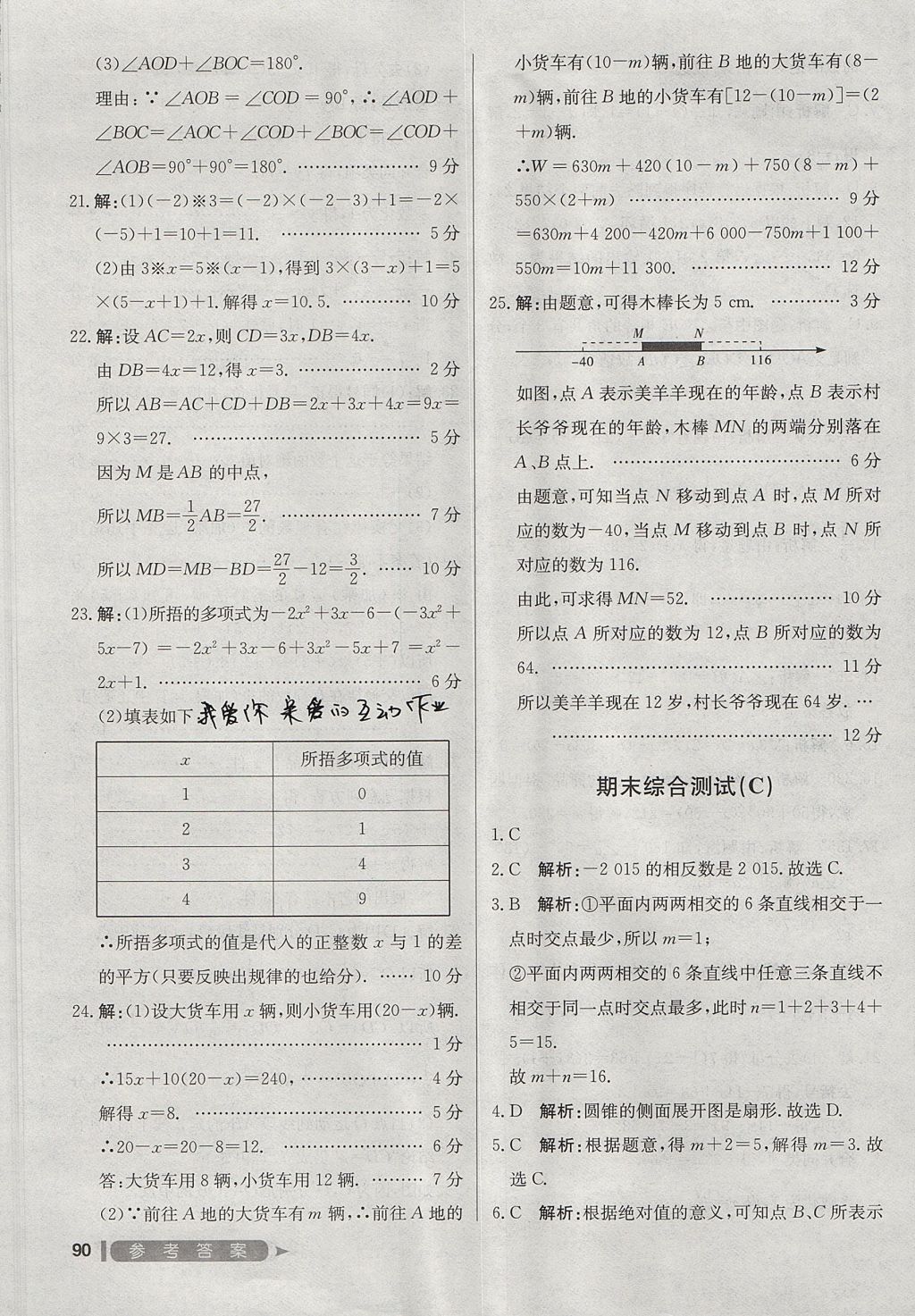 2017年尖子生单元测试七年级数学上册人教版 参考答案第22页