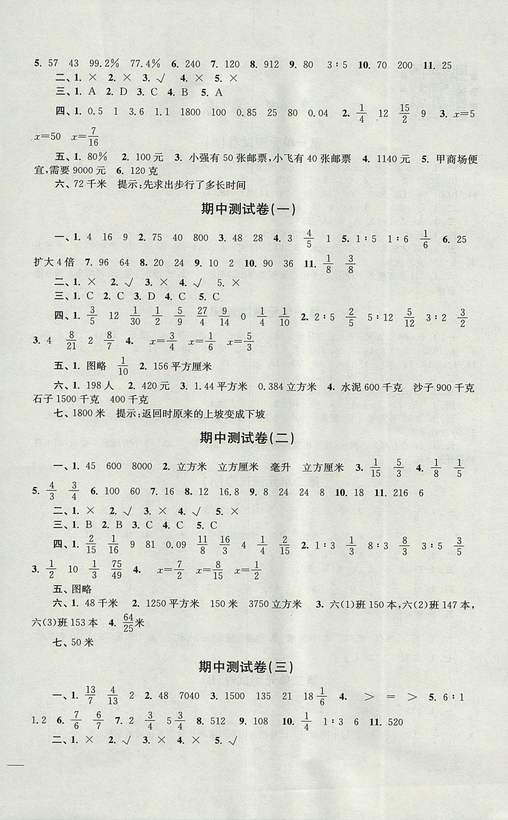 2017年名師點(diǎn)撥培優(yōu)密卷六年級(jí)數(shù)學(xué)上冊(cè)江蘇版 參考答案第4頁