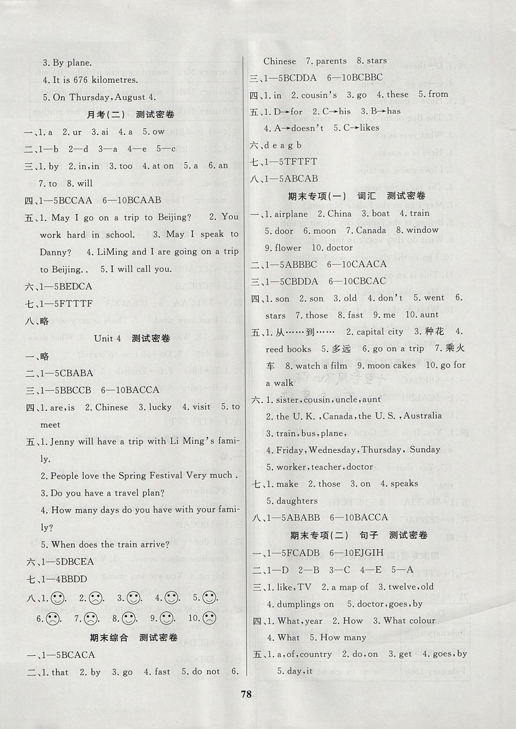 2017年沖刺100分達標測試卷五年級英語上冊冀教版 參考答案第2頁