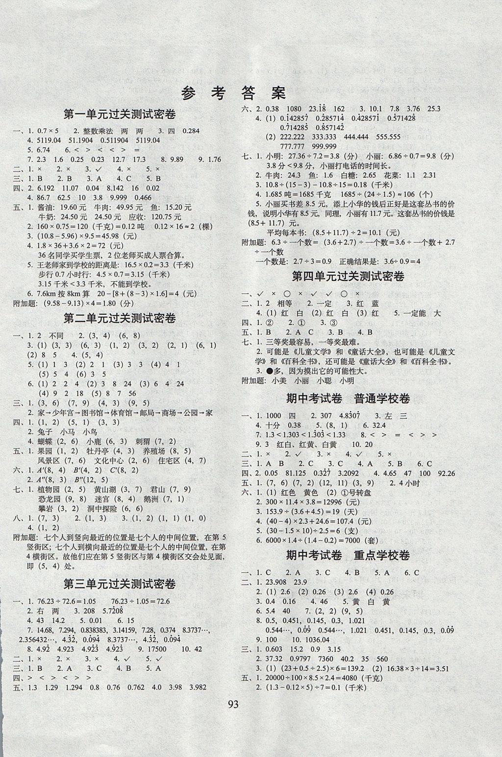 2017年期末冲刺100分完全试卷五年级数学上册人教版 参考答案第1页