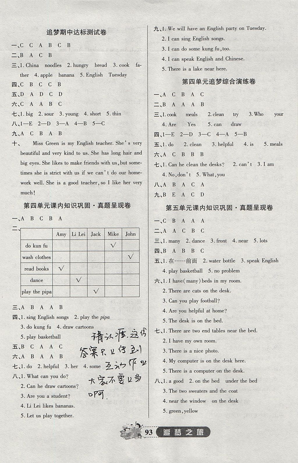 2017年追夢(mèng)之旅小學(xué)全程練習(xí)篇五年級(jí)英語(yǔ)全一冊(cè)人教PEP版 參考答案第5頁(yè)