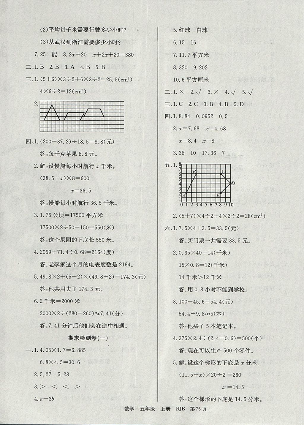 2017年优优好卷单元测评卷五年级数学上册人教版 参考答案第7页