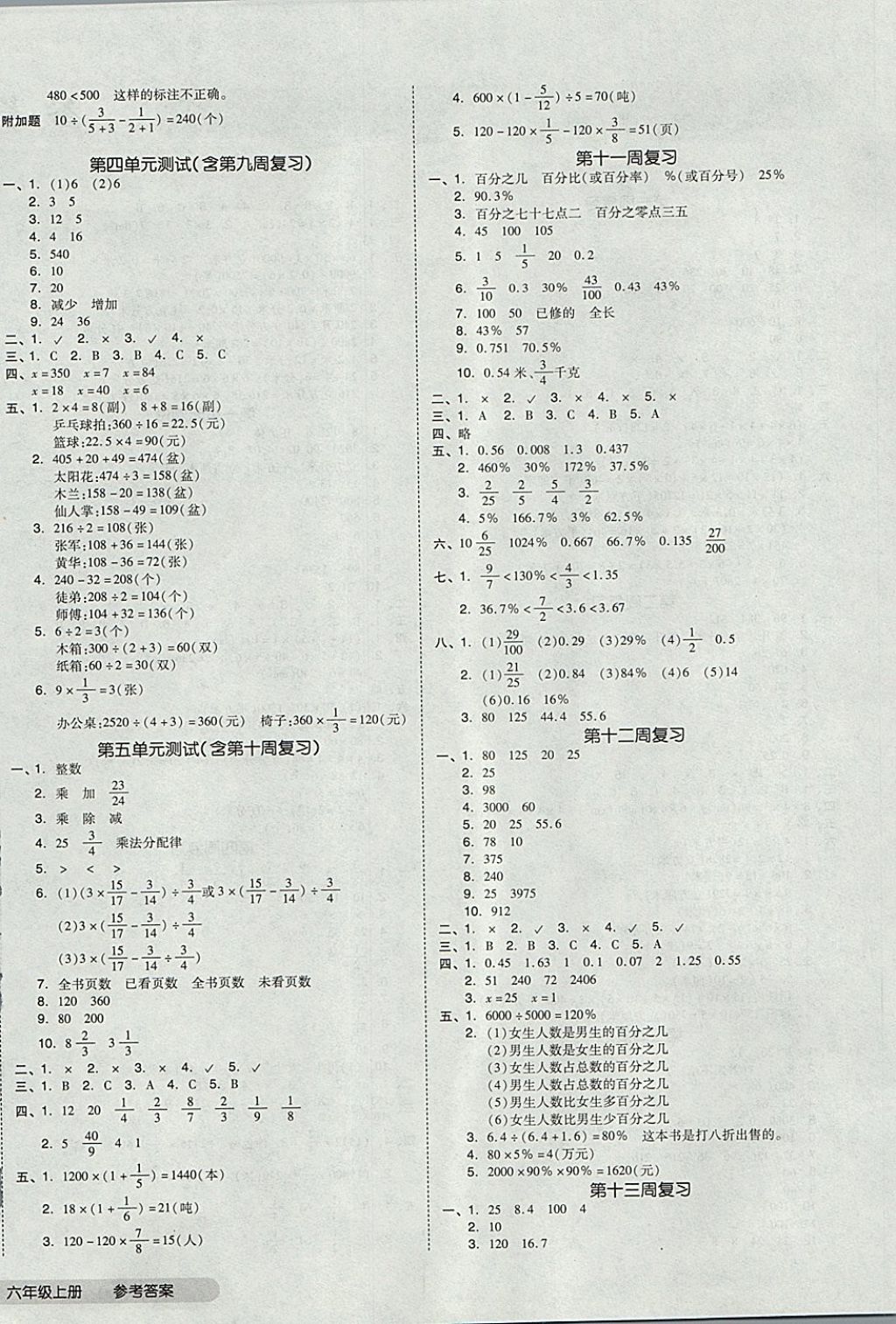 2017年全品小复习六年级数学上册苏教版 参考答案第4页