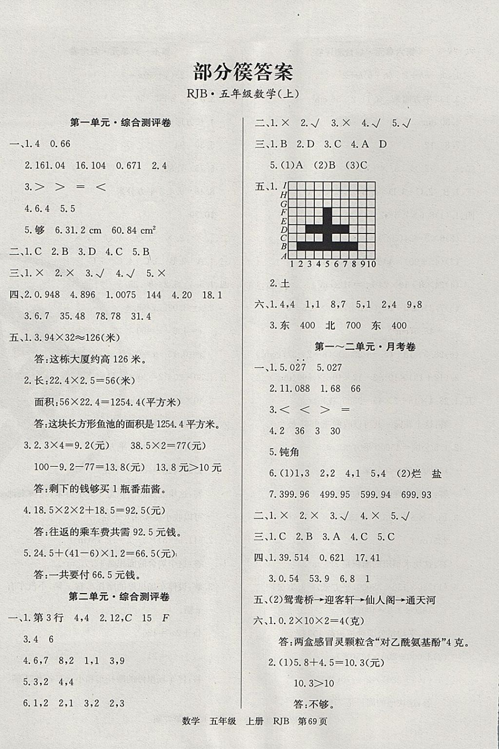 2017年优优好卷单元测评卷五年级数学上册人教版 参考答案第1页