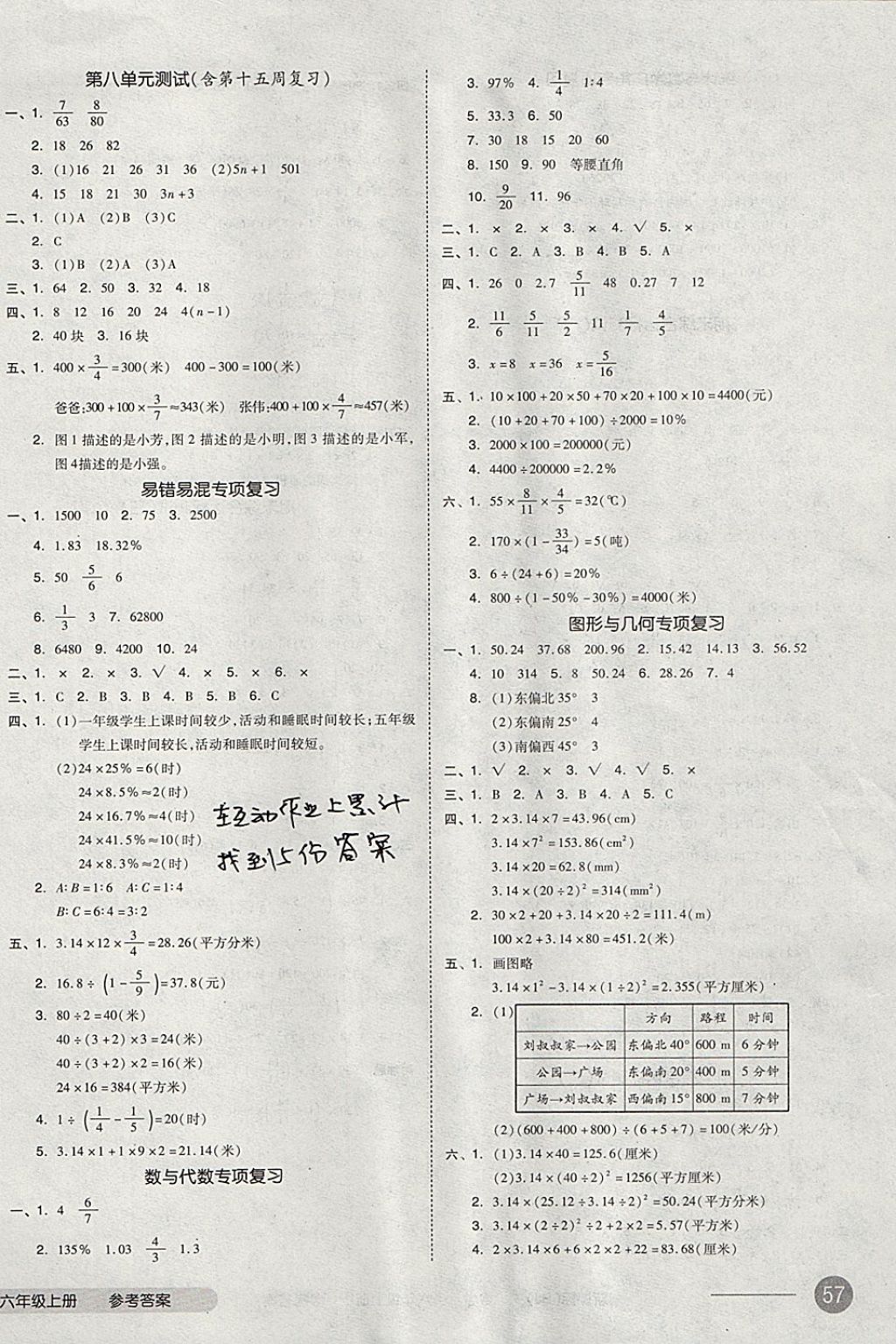 2017年全品小复习六年级数学上册人教版 参考答案第6页