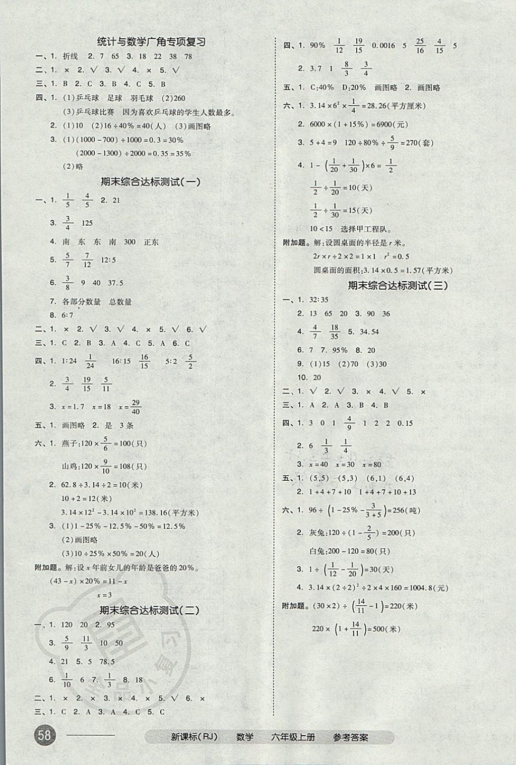 2017年全品小复习六年级数学上册人教版 参考答案第7页