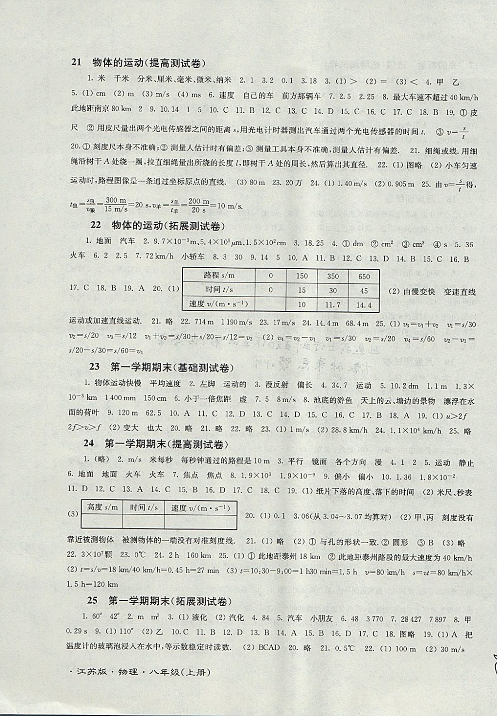 2017年江苏密卷八年级物理上册江苏版 参考答案第7页