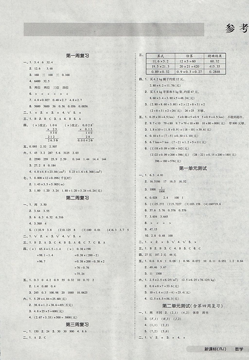 2017年全品小复习五年级数学上册人教版 参考答案第1页