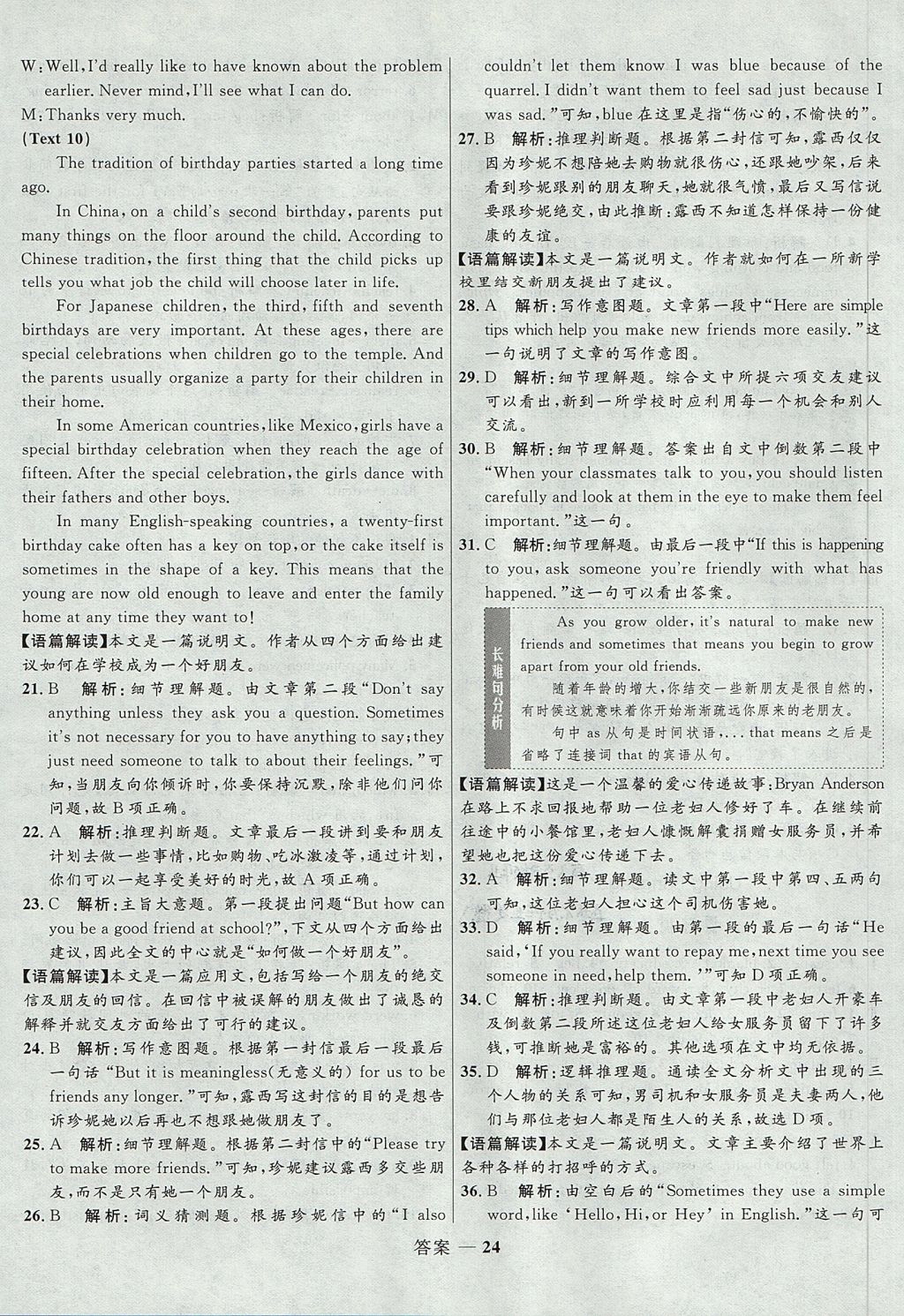 2018年高中同步測(cè)控優(yōu)化訓(xùn)練英語(yǔ)必修1人教版 參考答案第24頁(yè)