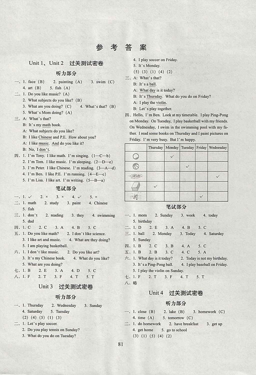 2017年期末沖刺100分完全試卷四年級英語上冊開心版 參考答案第1頁